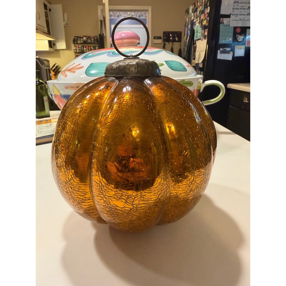 Large Amber Mercury Glass Pumpkin Ornament Crackle Finish Fall Harvest Decor